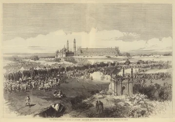 De Durbar van de gouverneur-generaal in Lucknow, processie van olifanten die de Grote Imambara passeren